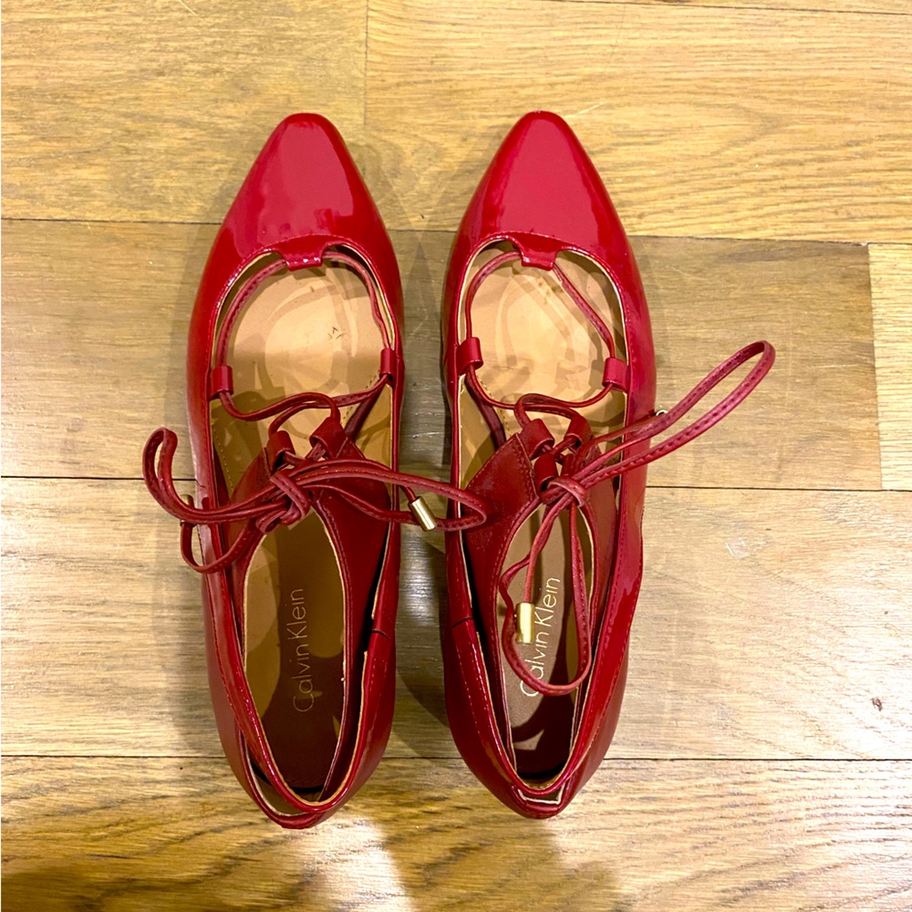 Calvin Klein red leather strappy pointed toe flats, size 6